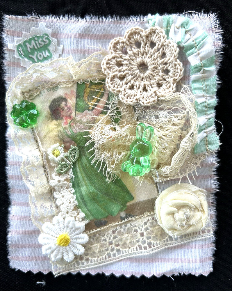 #4 Art Collage Snippet Cluster Girl Green Bunny Crochet Lace Handmade Album