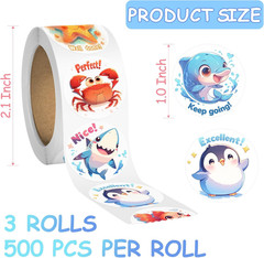 3 Rolls Animal Stickers, 1500 PCS, 24 Designs for Kids, 1.0 Inch