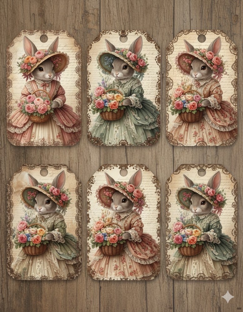 Set Vintage Bunny Rabbit Easter Tags Junk Journal Scrapbook