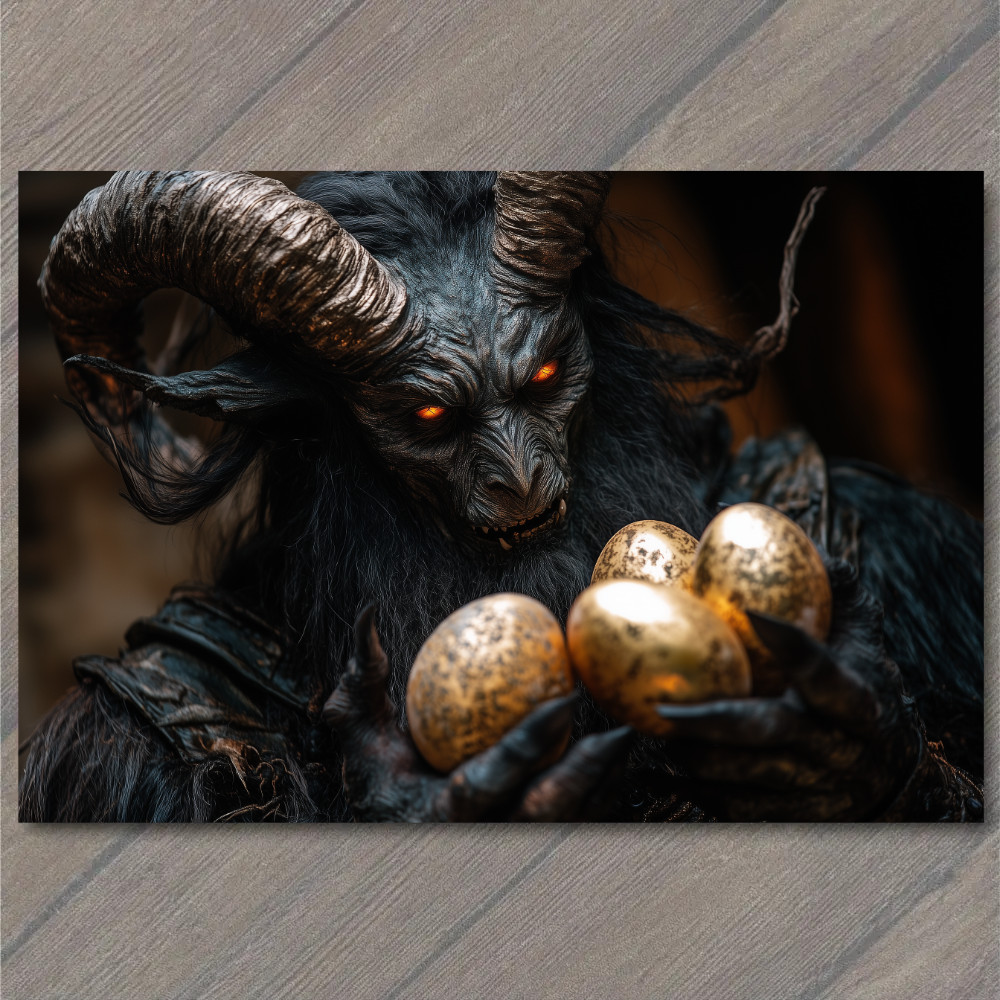 STICKER Krampus Holding Golden Eggs Gothic Dark Fantasy Easter Horror Creepy
