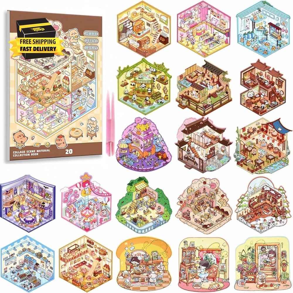 20 Sets 3D Sticker Scene Book Mini House DIY Cartoon Animal Stress Relief