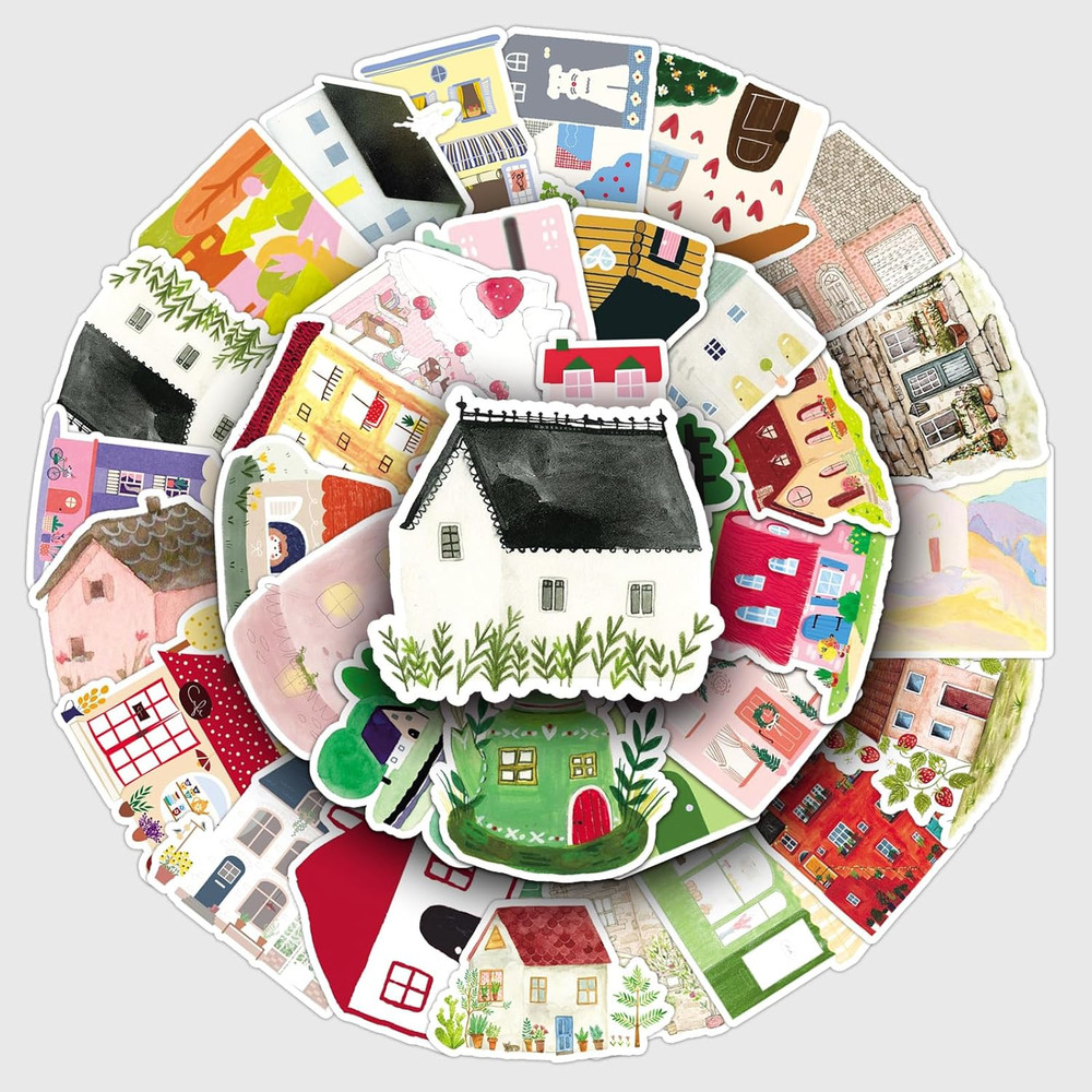 50 Hand-Drawn House Stickers – Waterproof Vinyl for Journal, Notebook, Scrapbook