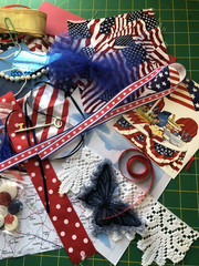 Red White and Blue Lot Junk Journal Scrapbooking Paper Beads Fabric Lace