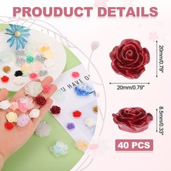 20mm Resin Rose Flatback Charms, 40 Pcs Cabochon Embellishment, Red