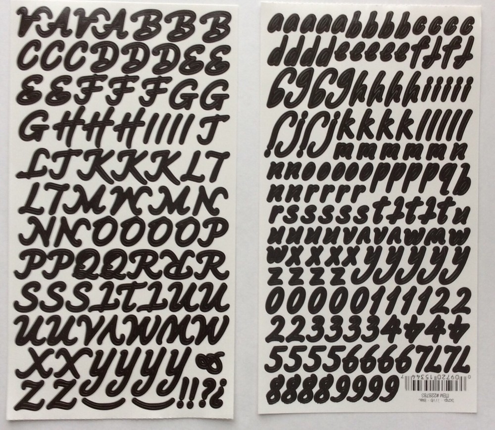 Two sheets Black Script Numbers Letters Alphabet Scrapbook Craft Stickers
