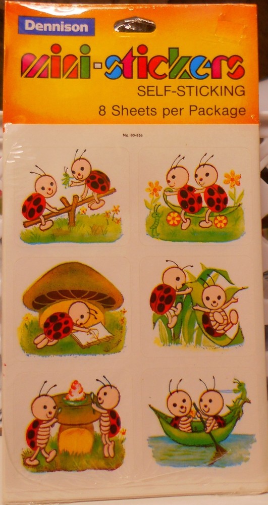 NOS Vintage Dennison Stickers Ladybugs Playing 8 Sheet in Package