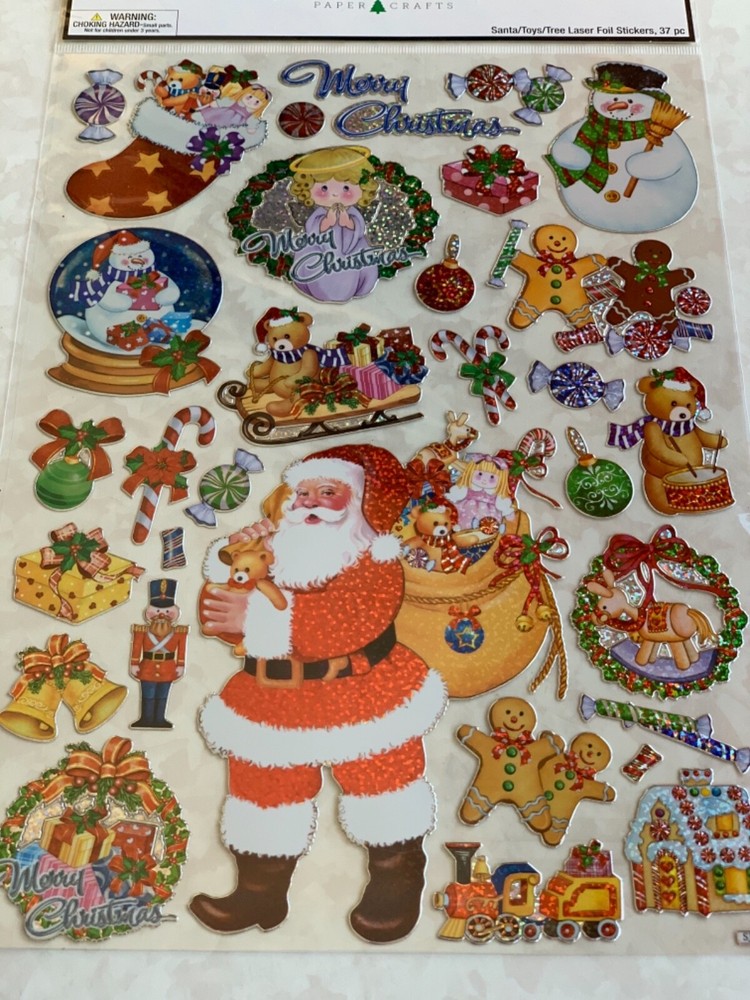 CHRISTMAS PAPER CRAFTS 1 SHEET SANTA TOYS TREES FOIL STICKERS 37 PCS -11”x9” SHT
