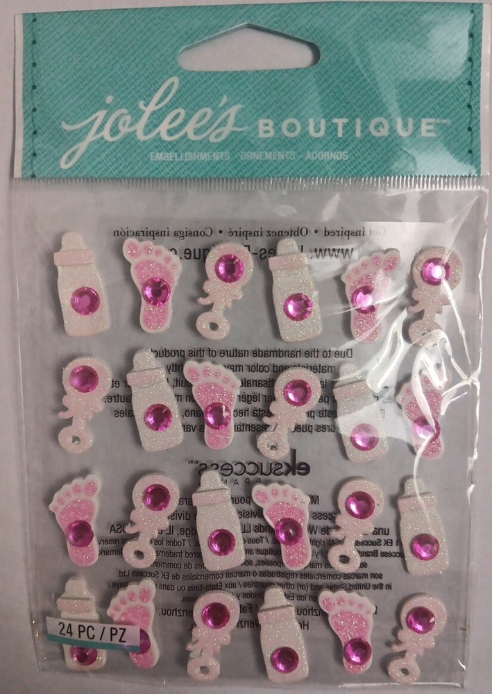 Jolees Boutique Embellishment Baby Girl Icon Repeat Pink Bottle Rattle footprint