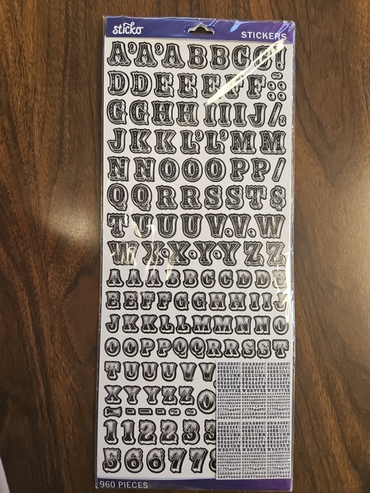 Sticko 5290054 Alphabet Stickers- Chalk Zebrawood Value Pack 960 Pieces NIP B&W