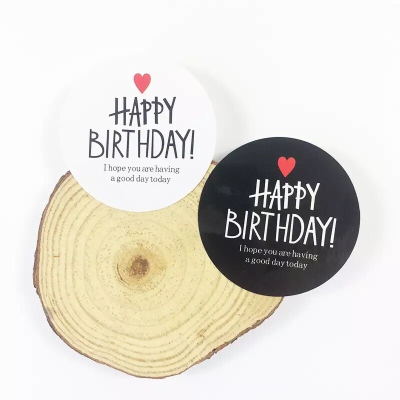 40x Round 4.5cm Happy Birthday Black N White Kraft Stickers Gift Favour Box