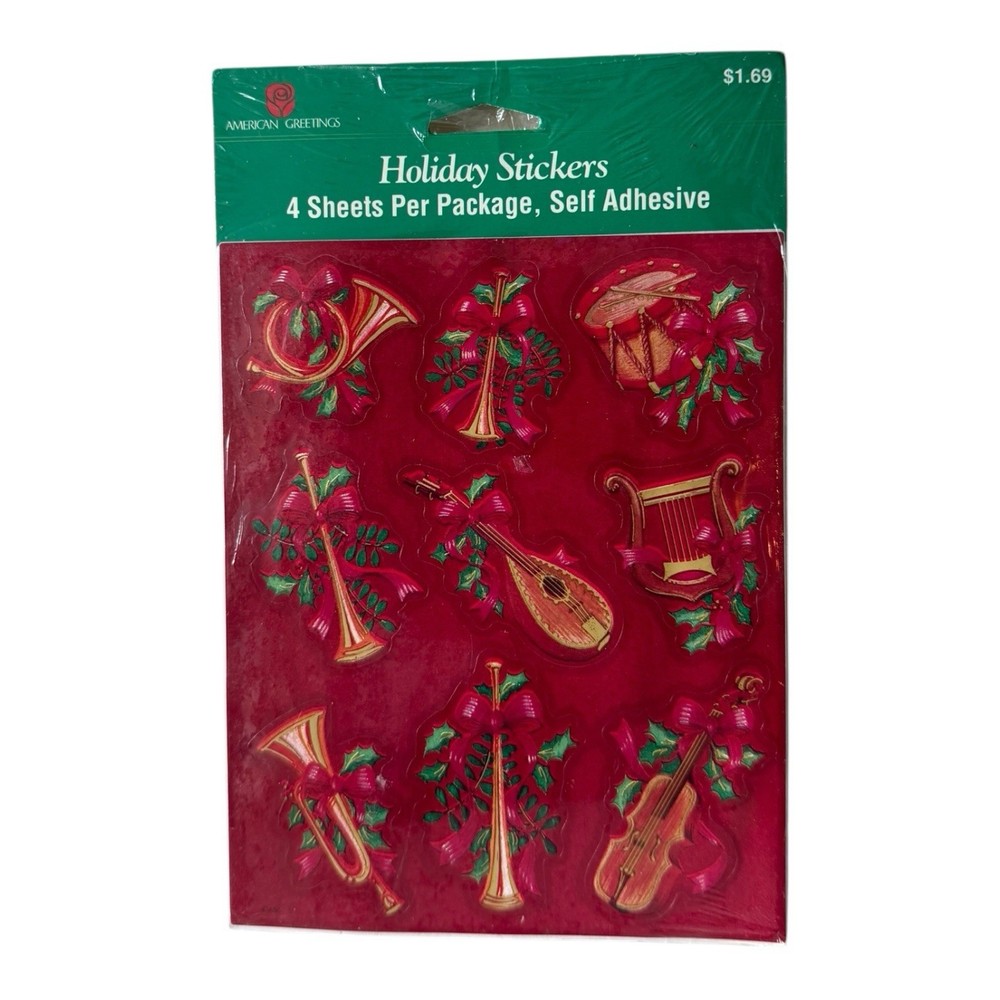 Vtg American Greetings Christmas Stickers Musical Instruments 4 Sheets Sealed