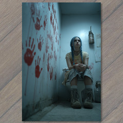 STICKER Blue Haired Girl Bathroom Blood Handprints Surreal Horror Weird Vibe