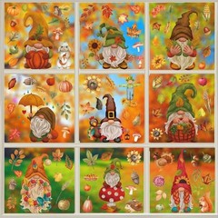 9 Sheets Autumn Maple Leaf Pumpkin Gnome Window Stickers PVC Fall Window Decals