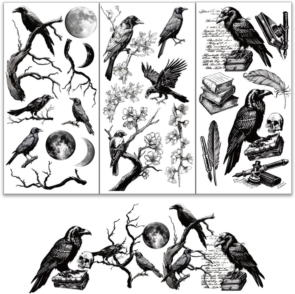 3Pcs/Set Vintage Crow Rub on Transfers for Furniture and Crafts 6X12 Inch Crow F