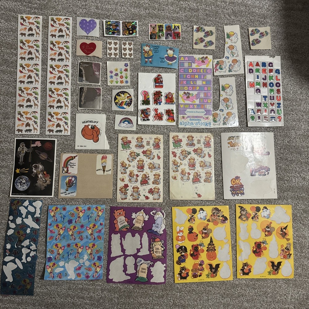 VTG 1980s Sticker Lot Fuzzy Puffy Hologram Halloween BW3 Lisa Frank Heathcliff +