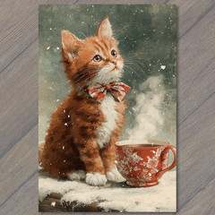 STICKER Kitten Red Bow Snow Mug Winter Cat Cute Holiday Coffee Cozy Christmas