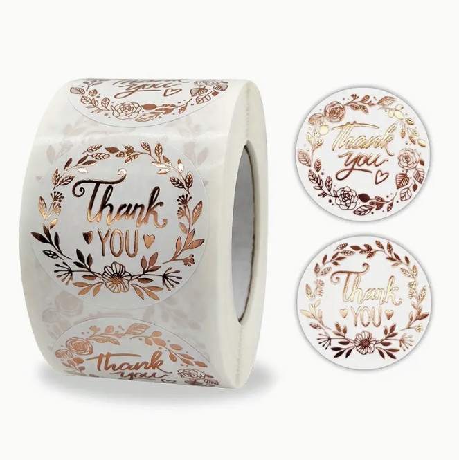 500pcs Round Rose Golden Thank You Stickers, Embroidered Glossy Finish