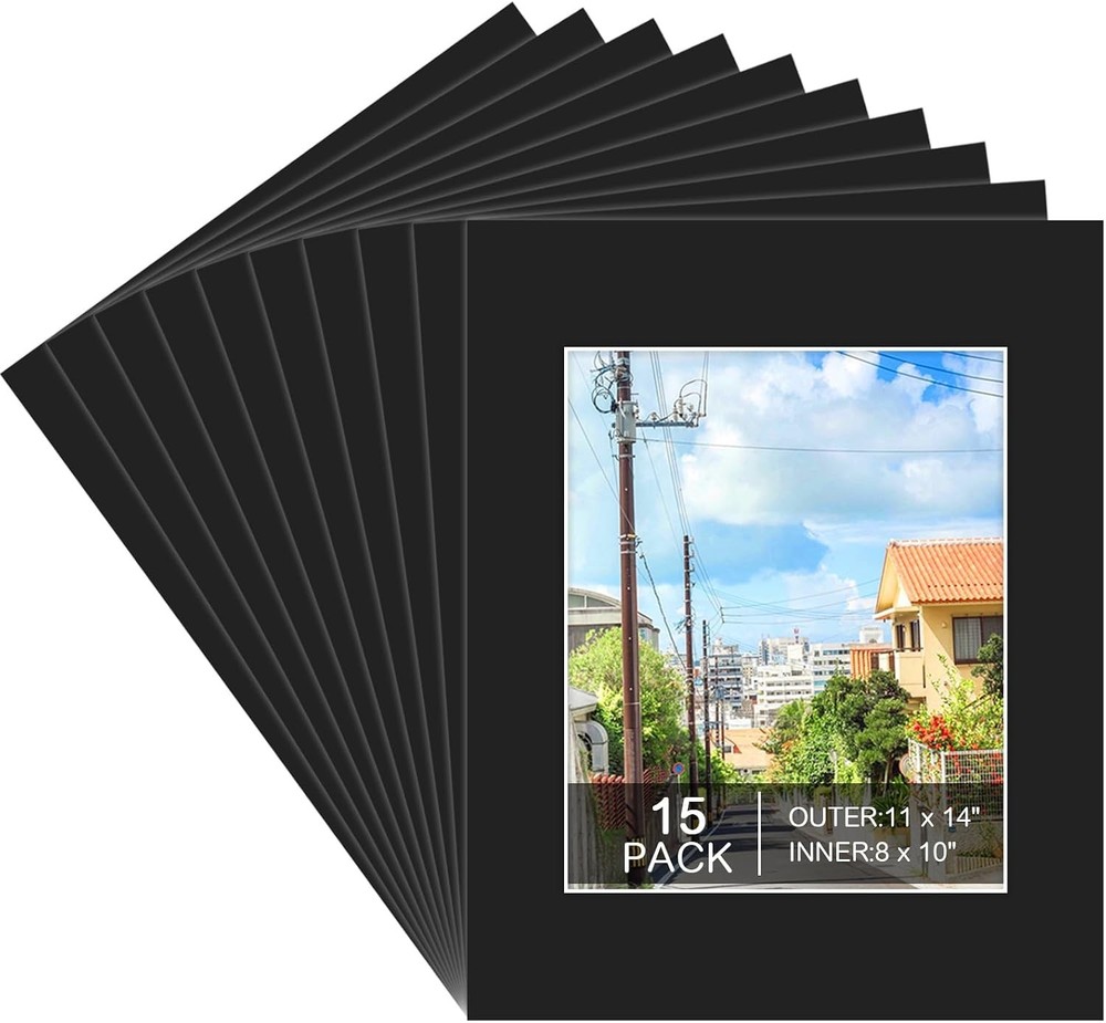 15 Pack 11×14 Picture Mats for 8×10 Photos Black Bevel Cut Mat Board Frame Kit