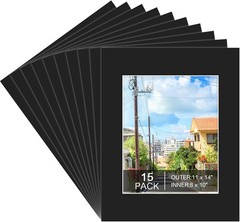 15 Pack 11×14 Picture Mats for 8×10 Photos Black Bevel Cut Mat Board Frame Kit