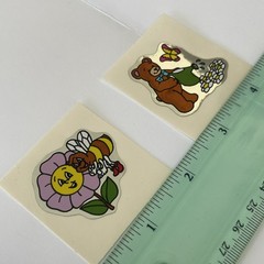 Vintage Rare 1980s Foil Stickers Bear Watering Flowers And Bee Smiling Flower