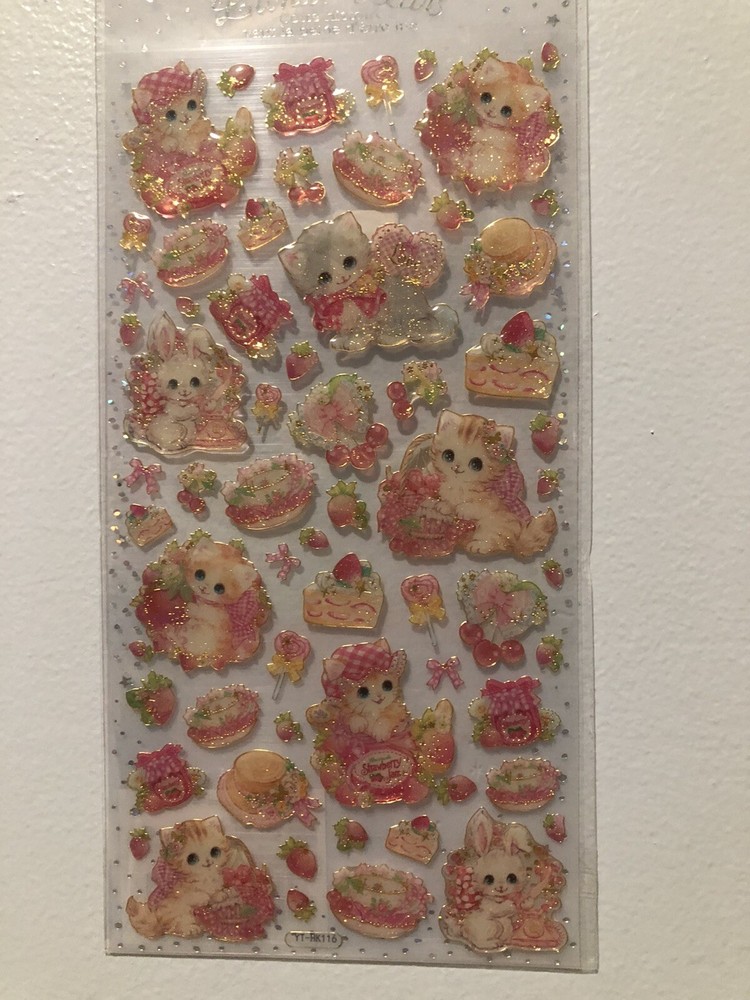 Kawaii Japan Cats Rabbits Strawberry Jam Glitter Puffy Sticker Sheet Vintage Htf