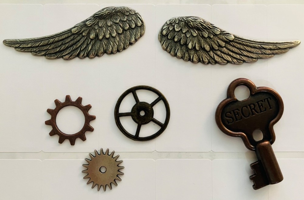 Metallic charms WINGS, LARGE KEY, GEARS, great for Steampunk art NEW