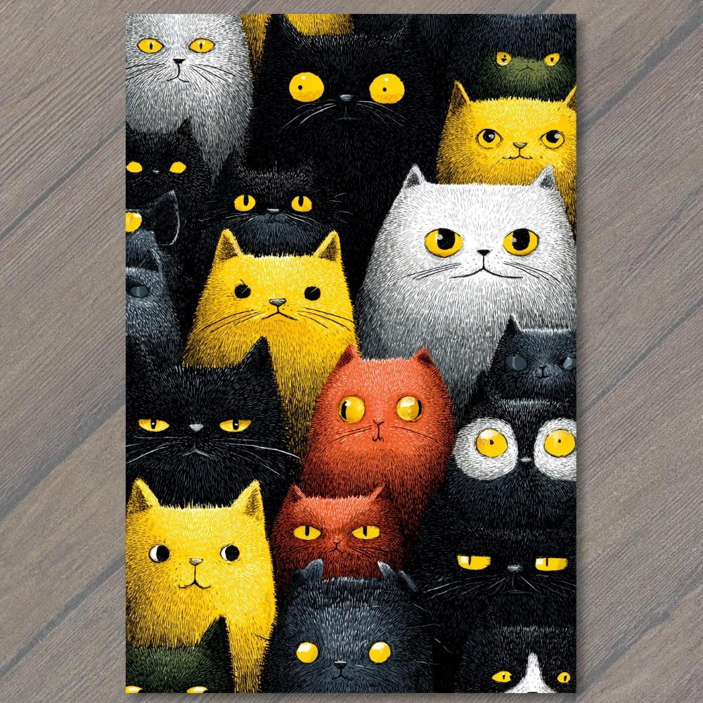 STICKER Black Yellow Cat Crowd Whimsical Feline Faces Spooky Night Kawaii