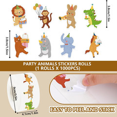 1000Pcs Party Animals Stickers Roll Self-Adhesive Label Decals for Scrapbooking
