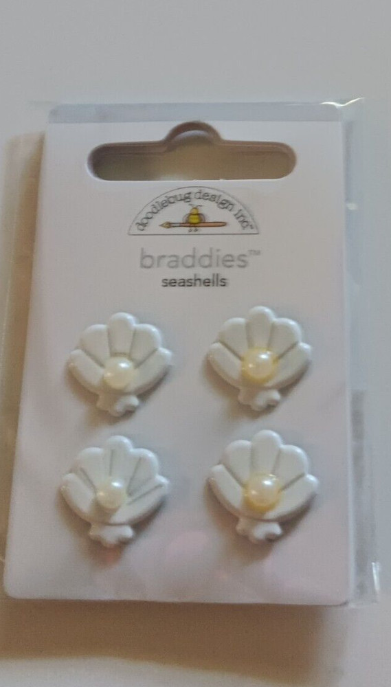 Crafts Doodlebug Brads Braddies White Seashells Pearls X 4