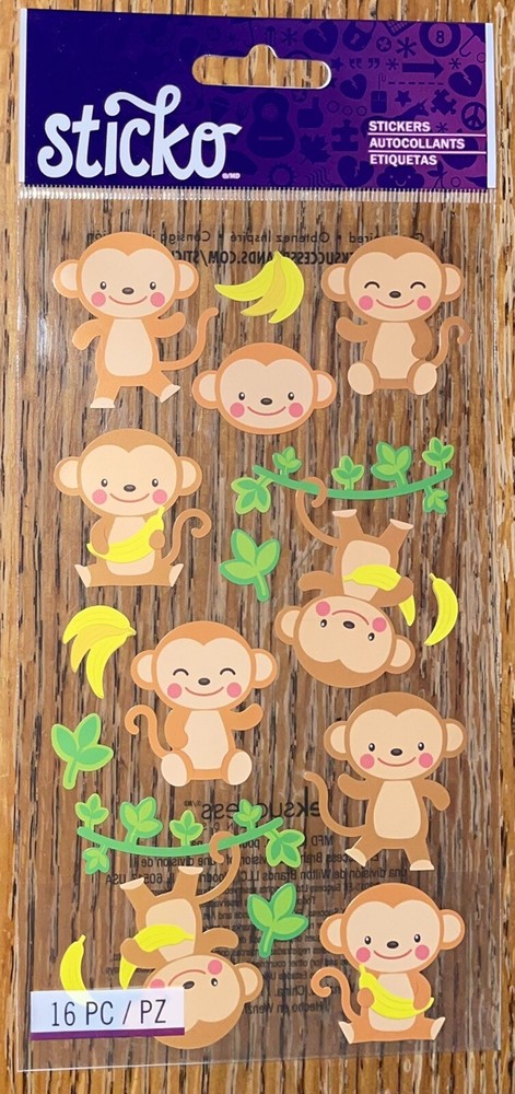 Sticko Dancing Monkey🐒Happy Jungle Animals Zoo Bananas Vines Scrapbook Stickers