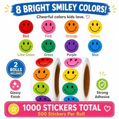 1000PCS Multi Color Smiley Face Stickers 1 Inch 2 Rolls