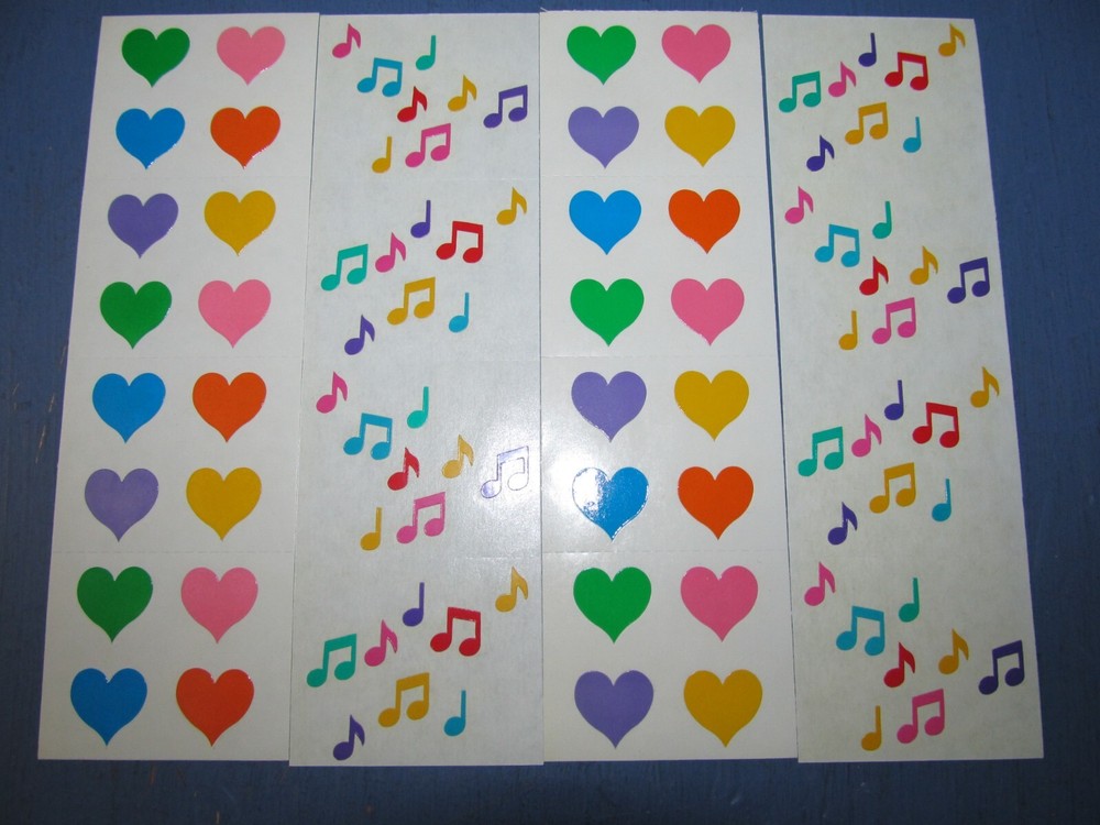 Vintage Mrs Grossmans Stickers Pastel Multi Color Hearts Small & Music Notes