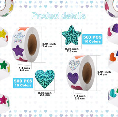 1000 Pcs Foil Heart Stickers, 1 Inch Glitter Small Shiny Sticker for Kids Reward