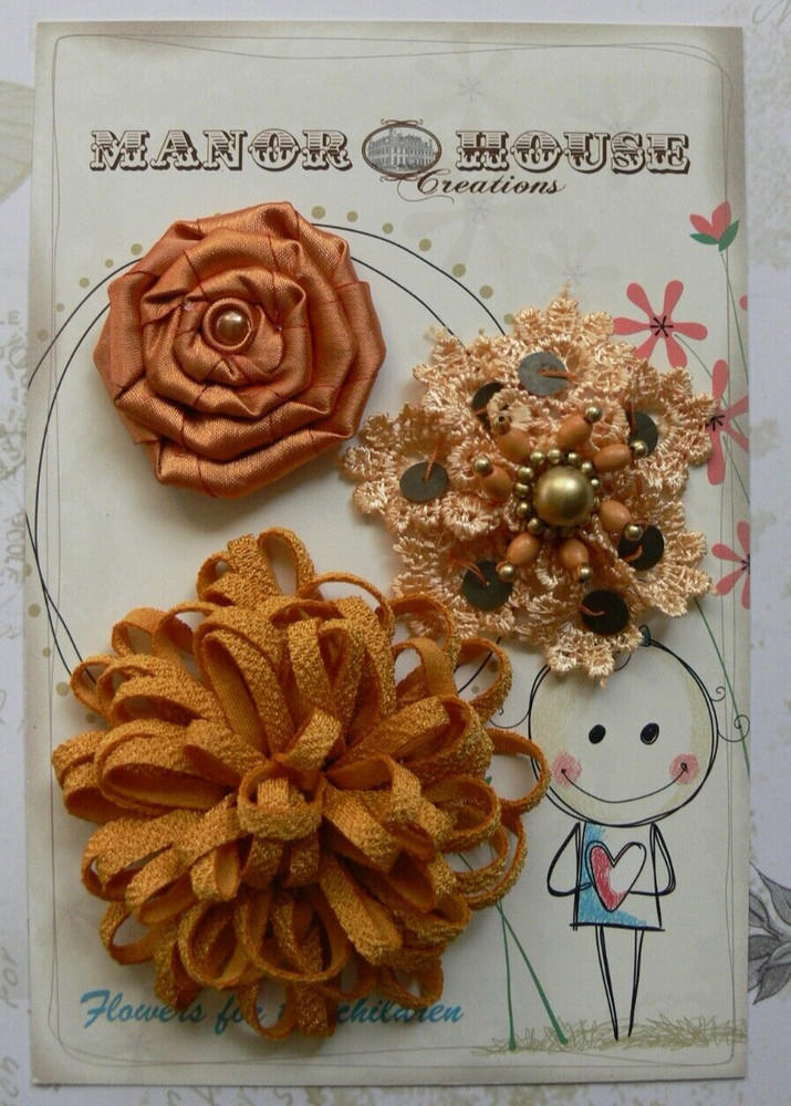 Mixed GOLD Fabric Organza & Lace 3 Flower Pk 50; 65 & 80mm across Manor House