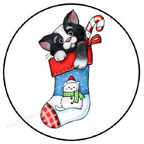 CAT IN CHRISTMAS STOCKING ENVELOPE SEALS LABELS STICKERS PARTY FAVORS