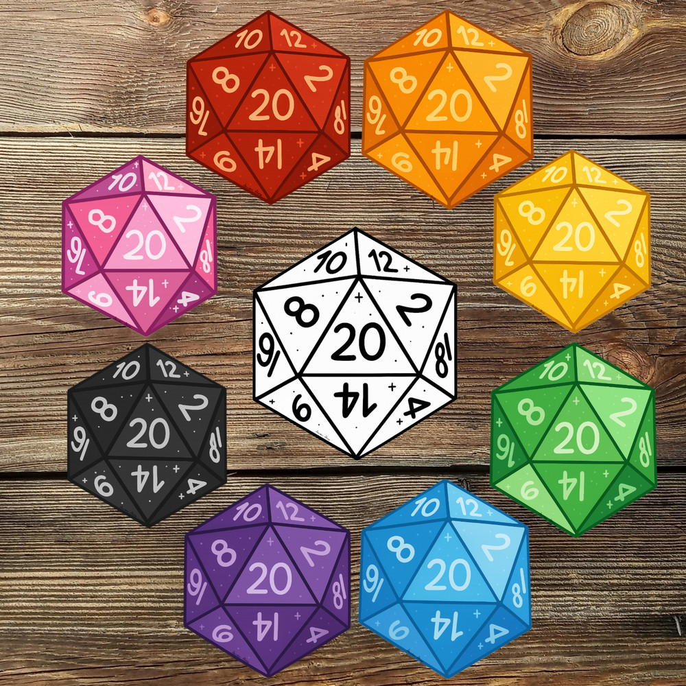 D20 Dice Stickers – Multicolor DnD Vinyl Set for RPG Fans & Dungeon Masters