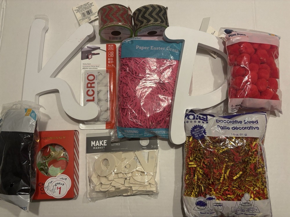 Crafting Lot (11 Items) All New Mixed Materials (wooden letters,pompoms,ribbon )