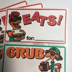 Vintage EATS GRUB CHOMP Book Label Sticker LOT x4 1980s 1990s Comic Graphic COOL