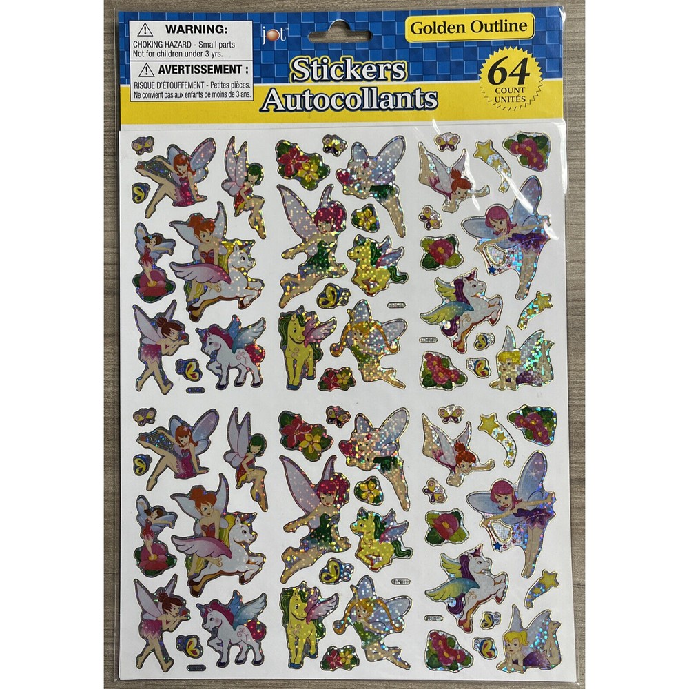 Fairy Unicorn Sticker Sheet 8×10 Inch 64 Count Golden Outline Stars Flowers