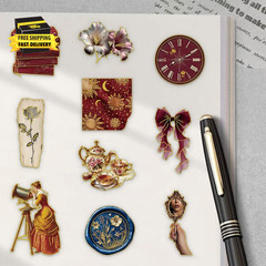 50PCS Vintage Red Gold Stickers for Scrapbooking, Aesthetic Retro Victorian Flor