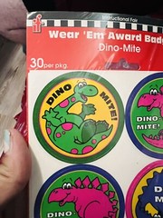 Vintage Dino Mite BADGE Stickers 90s Green yellow Purple Green 30 count round