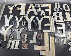 Huge Lot 40 Tin Aluminum Metal Letters Symbols Assortment Craft Rustic Brutalist