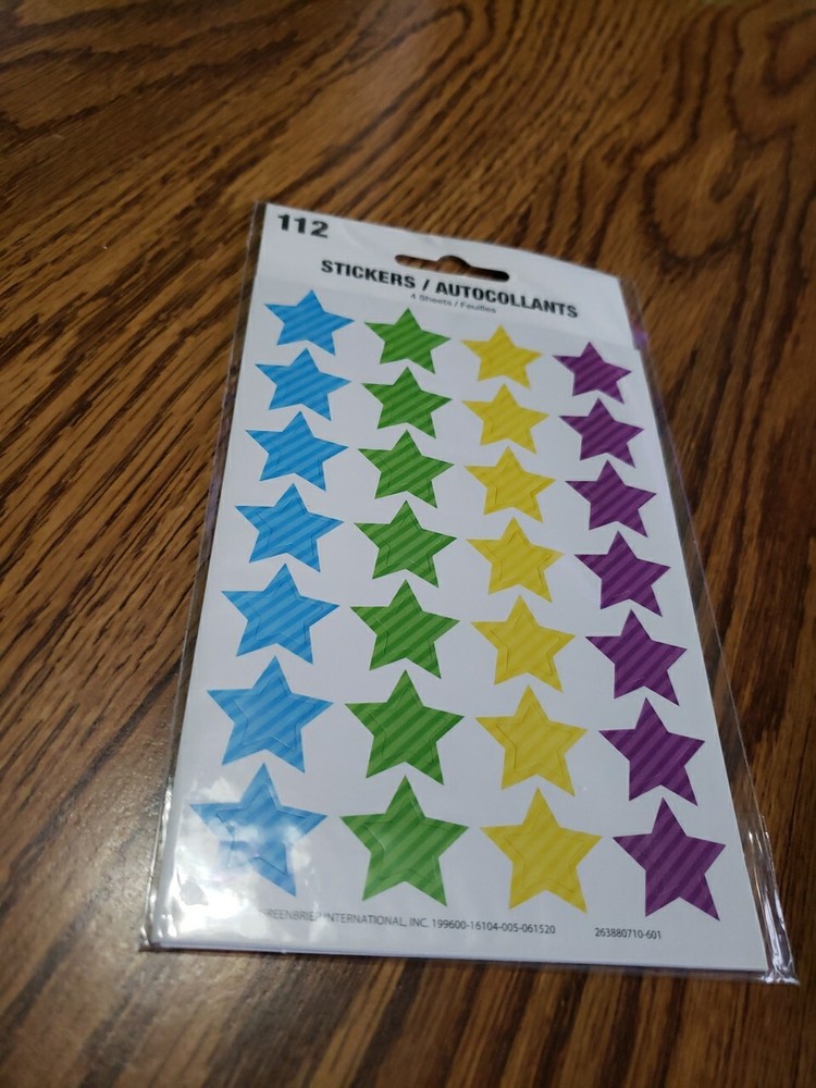 2 Pks Of Star Stickers 4 Sheets Of 28 Blue Green Yellow Purple 224 Total Pieces