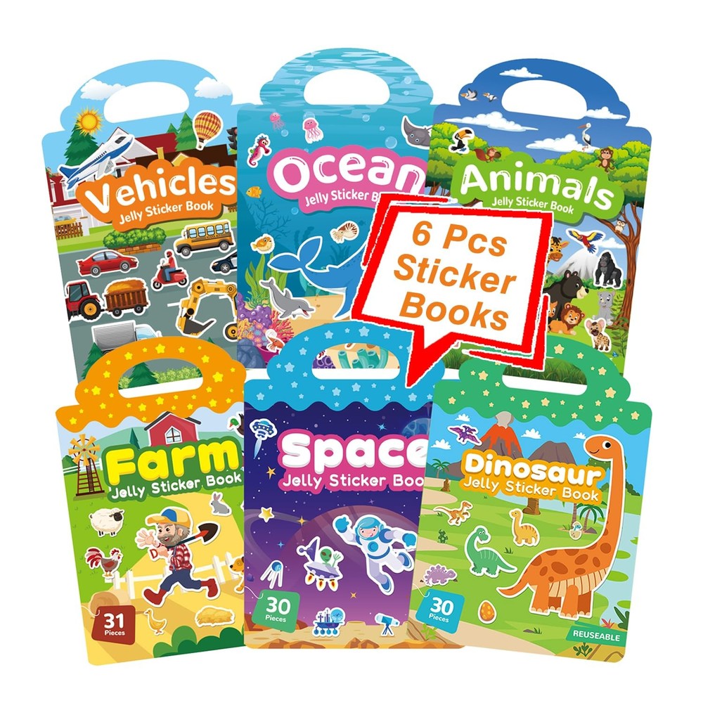 HOT FOX 6 Pack Reusable Sticker Book, Jelly Sticker Book for Kids, Suitable f…