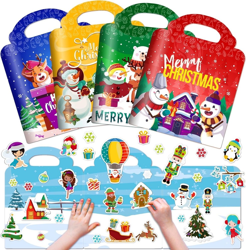 4 Sets Christmas Reusable Sticker Books for Toddlers 1-3, Activities Books Craft