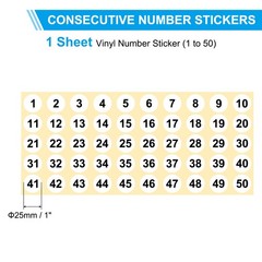 1 to 50 Number Stickers 1 Inch, Vinyl Round Labels Dot Decals, White