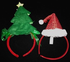 2 CHRISTMAS HEAD BANDS TREE DECORATED SANTA HAT SPARKLES JINGLE BELL super @@