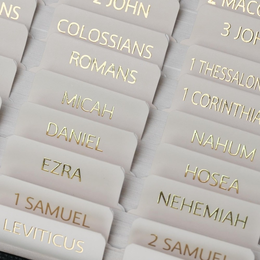 UPAFEXXI-Laminated Bible Tabs with Book Summaries(3D Gold Summaries Cream