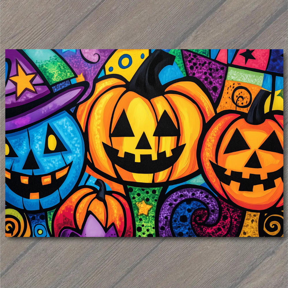 STICKER Halloween Pumpkins Blue Orange Jack O Lanterns Witch Hat Neon Spiral F