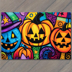STICKER Halloween Pumpkins Blue Orange Jack O Lanterns Witch Hat Neon Spiral F